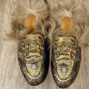 Gucci Princetown Horsebit Gold and Brown Brocade Fur Slides, Size 37